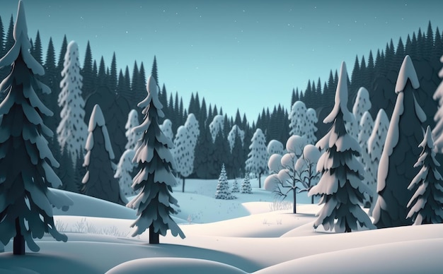 Zimowy śnieżny las kreskówek tło ilustracje dla dzieci kreskówek stylu ai generowany