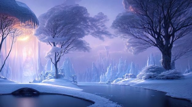 Zimowy śnieżny park Drzewa w śniegu zamarznięta rzeka zaspy śnieżne i lód Fantasy zimowy krajobraz Mroźny zachód słońca Ilustracja 3D