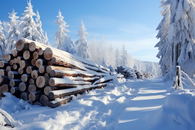 Zimowy spokój pokryte śniegiem drzewa i kłody tworzą spokojny krajobraz