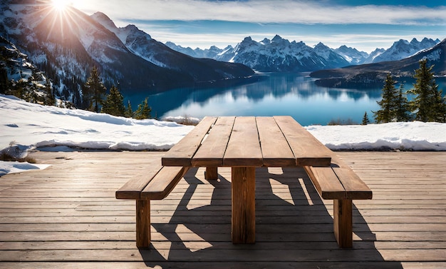 Zdjęcie zimowy spokój pusty drewniany stół na tle śnieżnej góry