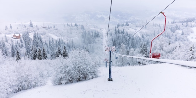 Zimowy widok na śnieżny las sosnowy i kolejkę narciarską w górach