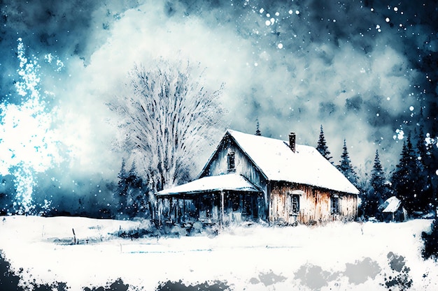 Zimowy wiejski dom pokryty śniegiem