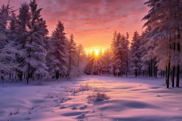 Zimowy wschód słońca oświetlający ośnieżone sosny stworzone za pomocą generatywnej sztucznej inteligencji