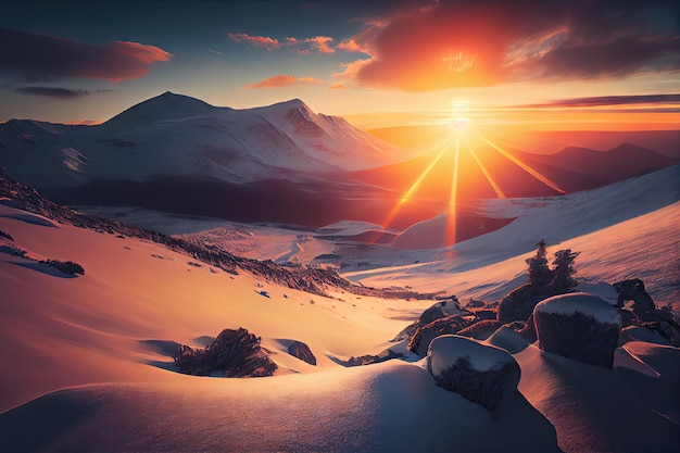 Zimowy wschód słońca ze słońcem świecącym nad ośnieżonym pasmem górskim i widokiem na odległą dolinę