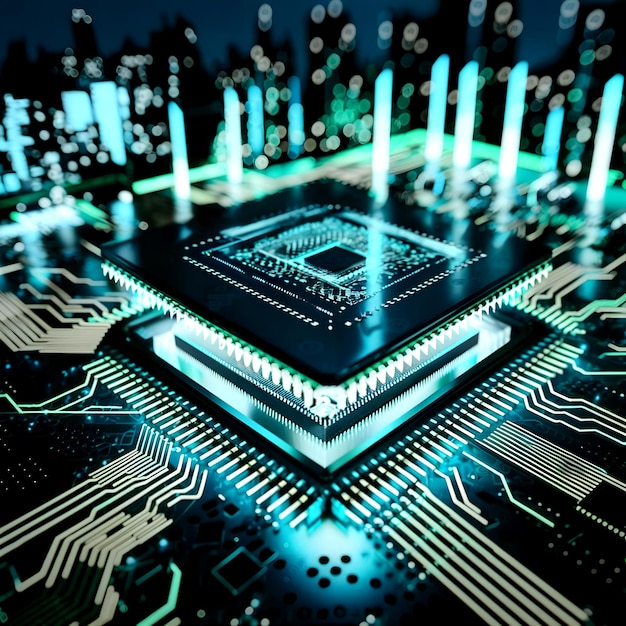 Zdjęcie zintegrowana płytka obwodów mikroprocesorowych dla serwera centralny procesor komputerowy z neonowymi światłami