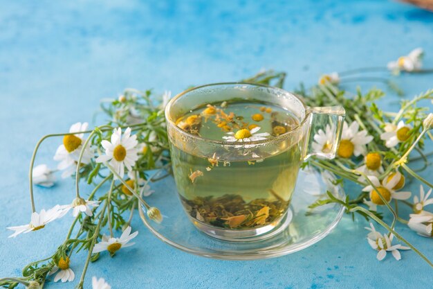 ziołowa herbata rumiankowa i kwiaty rumianku na niebieskim tle z teksturą