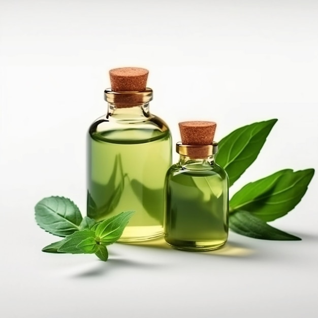 Ziołowy aromat olejku eterycznego na butelce i koncepcji liści Generative Ai