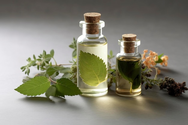 Ziołowy olejek aromatyczny bootle i liść Generative Ai