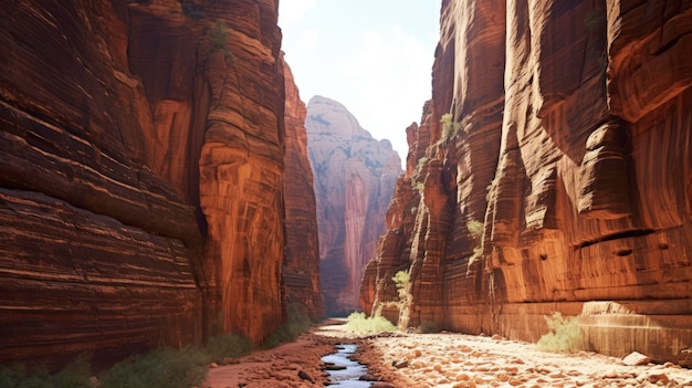 Zion National Park USA Czerwone skały piaskowcowe Wąskie kaniony Stworzone za pomocą generatywnej technologii sztucznej inteligencji