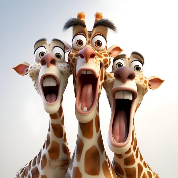 Żirafy z kreskówek krzyczące i patrzące na kamerę na białym tle