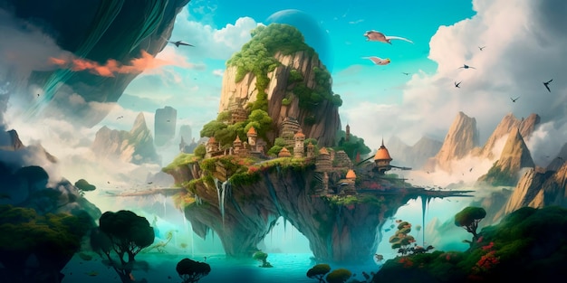 Zjawiskowy krajobraz z wyniosłą mistyczną górą otoczoną pływającymi wyspami i nieziemskimi stworzeniami Generacyjna sztuczna inteligencja
