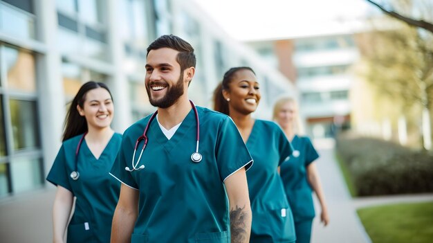Zjednoczona grupa studentów pielęgniarek i lekarzy spacerująca po terenie uniwersytetu