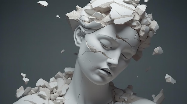 Złamana starożytna grecka posąg kobieta głowa spadająca na kawałki Złamana marmurowa rzeźba kobieca pękający popiersie koncepcja depresji utrata pamięci utrata mentalności lub choroba Generatywna sztuczna inteligencja