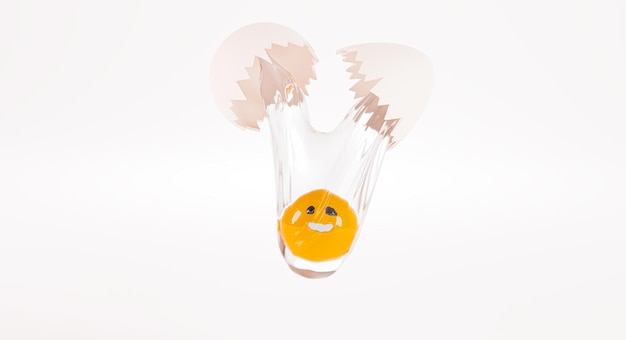 Złamane jajko i przeciekające żółtko renderowania 3d Jajko z kreskówek w powietrzu Żółtko ze śmieszną buzią