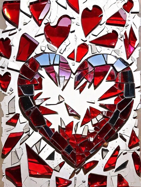 Zdjęcie złamane serce, rozbite szkło, rozbite kawałki, odzwierciedlone kolorowe czerwone, generowane przez sztuczną inteligencję.