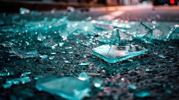 Złamane szkło na ziemi o różnej wielkości i kształcie wypadek samochodowy lub włamanie