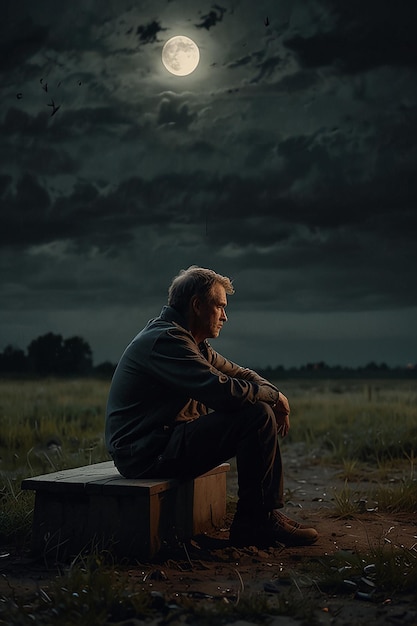 Zdjęcie złamany człowiek siedzący na zewnątrz w myślach w ciemną i ponurą noc z księżycem na niebie