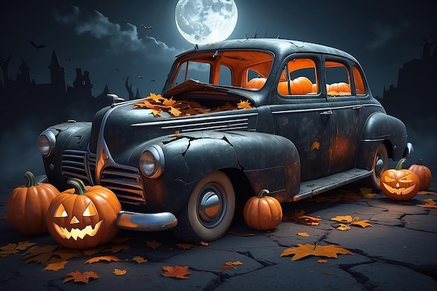 Zdjęcie złamany stary samochód z dyniami ilustracja na halloween halloween noc zdjęcia na papier ścienny