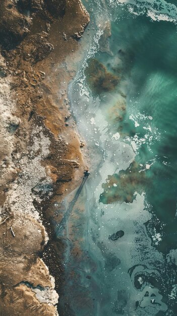 Złap prowokujący do myślenia obraz osoby wpatrującej się w zanieczyszczony ocean, pokazując niszczycielski wpływ zanieczyszczenia Użyj subtelnych sygnałów wizualnych, aby przekazać pilność innowacyjnych rozwiązań