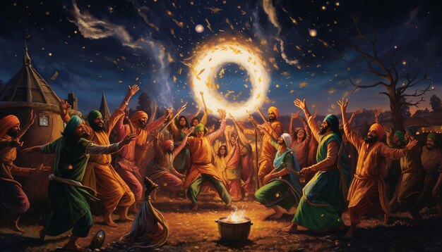 Zdjęcie złapać radosnego ducha lohri poprzez procesję tańczących ludzi