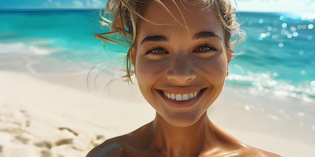 Złapanie słońca Promienna kobieta robi selfie na plaży Koncepcja Beach Selfie Promiennojąca kobieta Sunshine Outdoor Sesja zdjęciowa Kolorowe rekwizyty