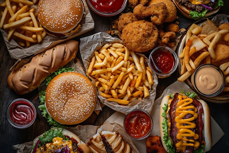 Zdjęcie złapano różne gotowe do spożycia artykuły fast food