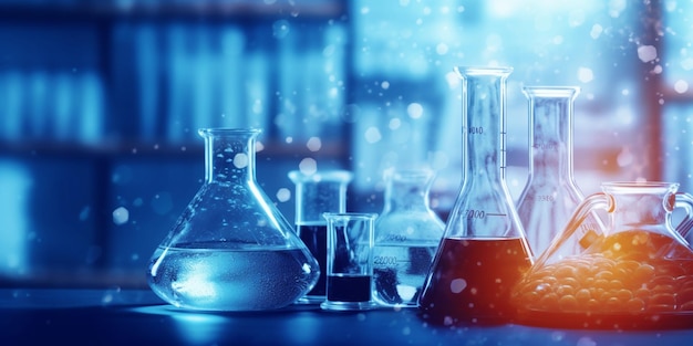 zlewka i kolba w laboratorium naukowym o strukturze chemicznej niebieskim tle transparentu