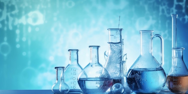 zlewka i kolba w laboratorium naukowym o strukturze chemicznej niebieskim tle transparentu