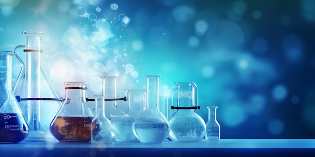 zlewka i kolba w laboratorium naukowym o strukturze chemicznej niebieskim tle transparentu
