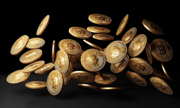 Złoci Bitcoins Opuszczają W Czarnym Tle świadczenia 3 D