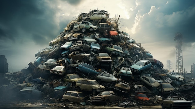 Zdjęcie złomowisko samochodowe pełne złomowanych samochodów czekających na recykling