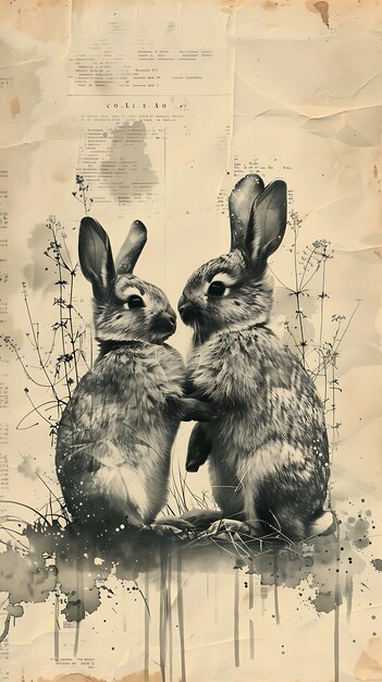 Zdjęcie złośliwe króliki wykonane z rozerwanych stron książek vintage tekstura ilustracja trendy dekoracja tła