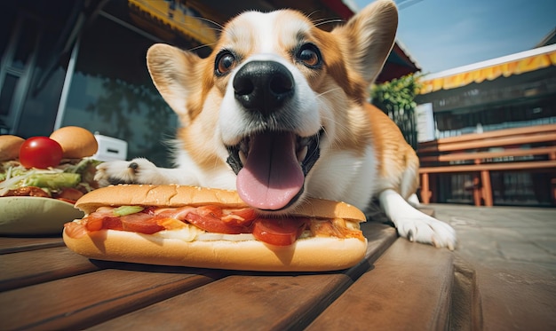 Złośliwy corgi zamierza oddać się skradzionemu przysmakowi Zabawny pies w przytulnej kawiarni z niecierpliwością obserwuje kuszący hot dog na drewnianym stole Stworzony za pomocą narzędzi sztucznej inteligencji generatywnej