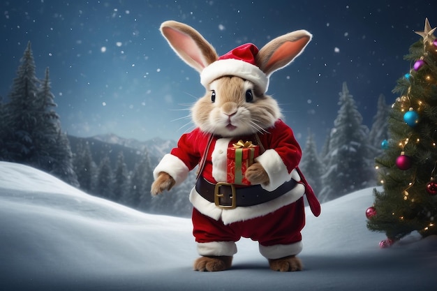 Złośliwy królik przebrany za Świętego Mikołaja skaczący przez zimową krainę cudów.