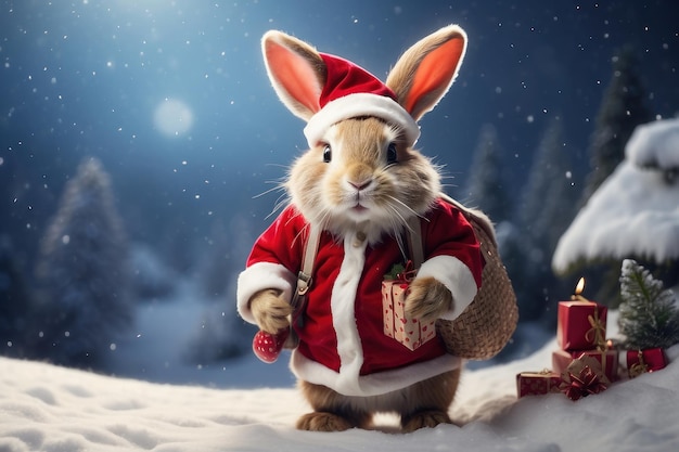 Złośliwy królik przebrany za Świętego Mikołaja skaczący przez zimową krainę cudów.