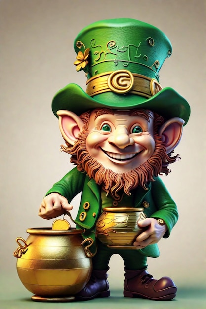 Złośliwy leprechaun z garnkiem złota w dziwacznym stylu 3D