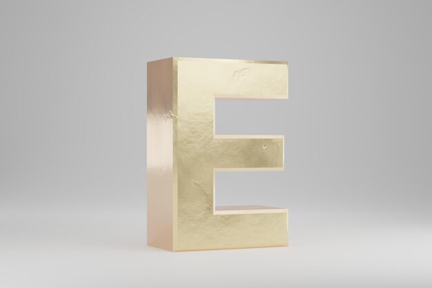 Złota 3d litera E wielkimi literami. Złote litery na białym tle. Złoty alfabet z niedoskonałościami. 3D renderowany znak czcionki.