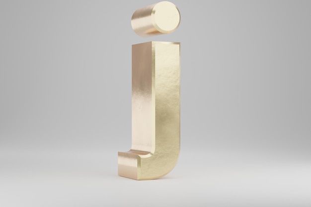 Złota 3d litera J mała. Złote litery na białym tle. Złoty alfabet z niedoskonałościami. 3D renderowany znak czcionki.