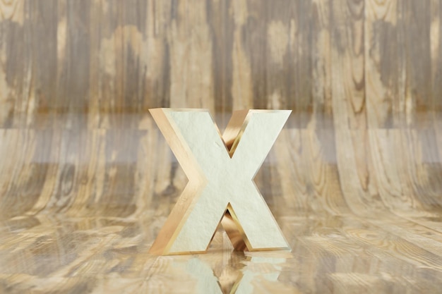Zdjęcie złota 3d litera x małe. złote litery na błyszczącym mokrym drewnianym tle. złoty alfabet z niedoskonałościami. 3d renderowany znak czcionki.