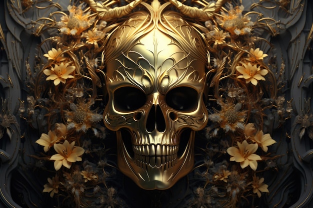 Złota czaszka z czerwonymi różami, organiczny horror, diabeł, śmierć, epicki