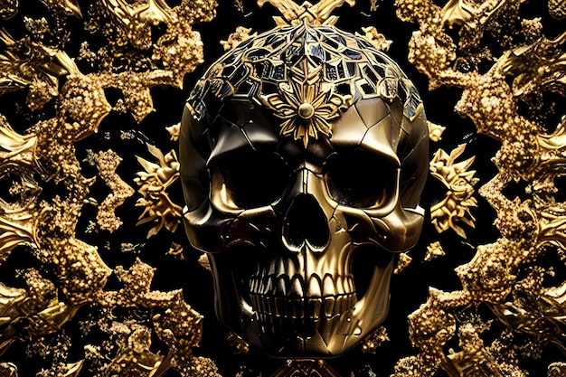 Zdjęcie złota czaszka z kwiatowym wzorem