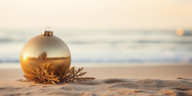 Złota dekoracja choinki na piaszczystej plaży Tropikalne święta Bożego Narodzenia i Nowego Roku AI Genera