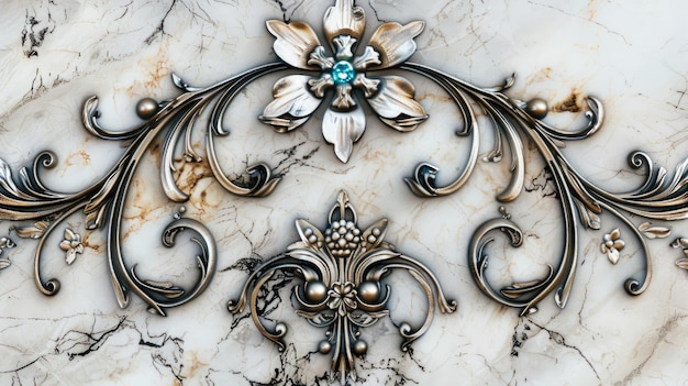 Złota dekoracja kwiatowa w stylu barokowym na marmurze