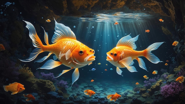 Złota elegancja Bardzo szczegółowy obraz cyfrowy przedstawiający wspaniałą rybę w podwodnej oazie