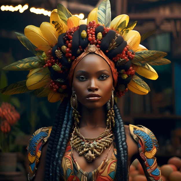 Złota Esencja Zadziwiająca czarna kobieta z bananowymi warstwami włosów w wiosce