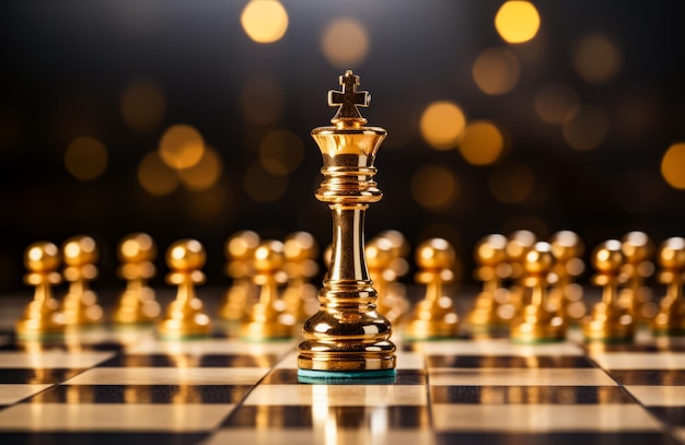 Złota figura szachowa na szachownicy z wieloma innymi figurami szachowymi w tle Generatywna sztuczna inteligencja