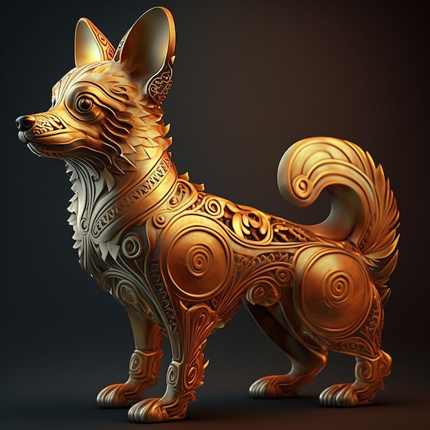 Złota figurka psa z ozdobnym wzorem.