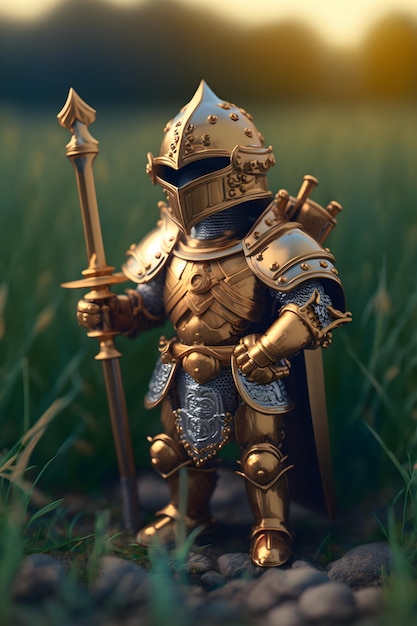Złota figurka rycerza z mieczem w dłoni.
