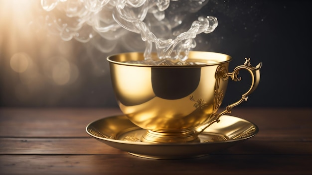 Złota filiżanka herbaty z unoszącą się z niej parą.