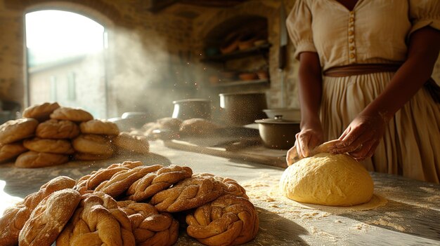 Złota godzina pieczenia Ręce mieszają świeże ciasto pośród kurzu mąki